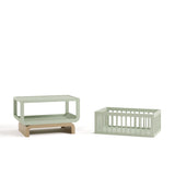 Santorini sage with driftwood bassinet converted to bookcase and toybox