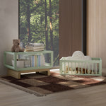 Santorini sage with driftwood bassinet converted to bookcase and toybox in nursery