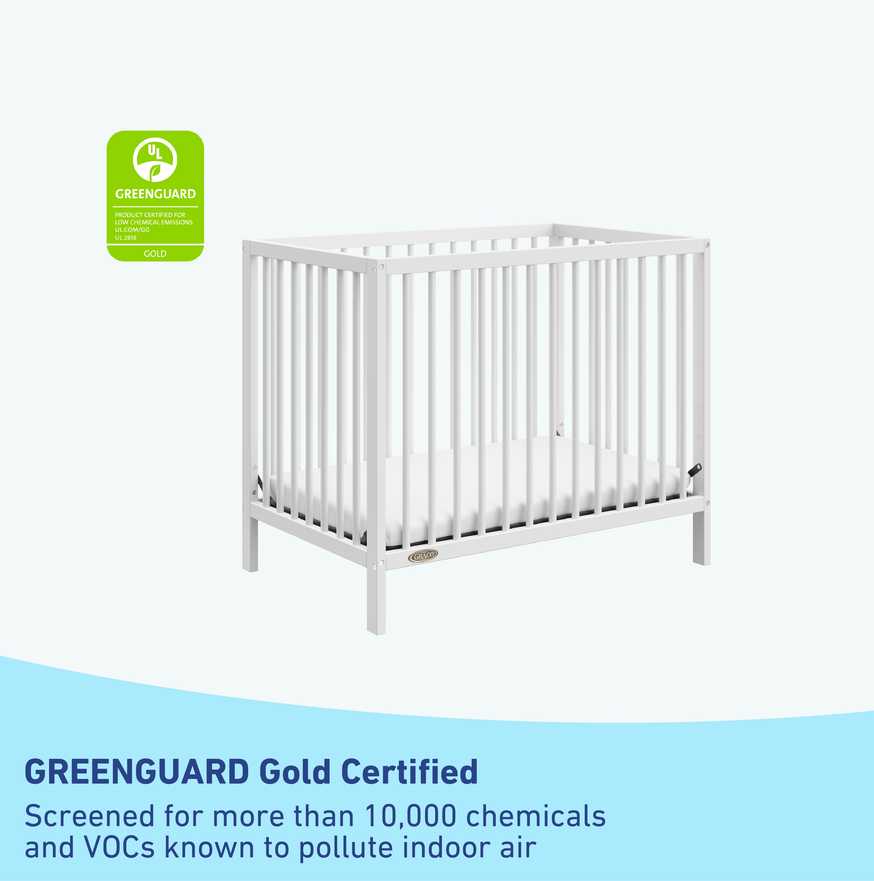 graco teddi white mini crib GREENGUARD Gold Certified callout