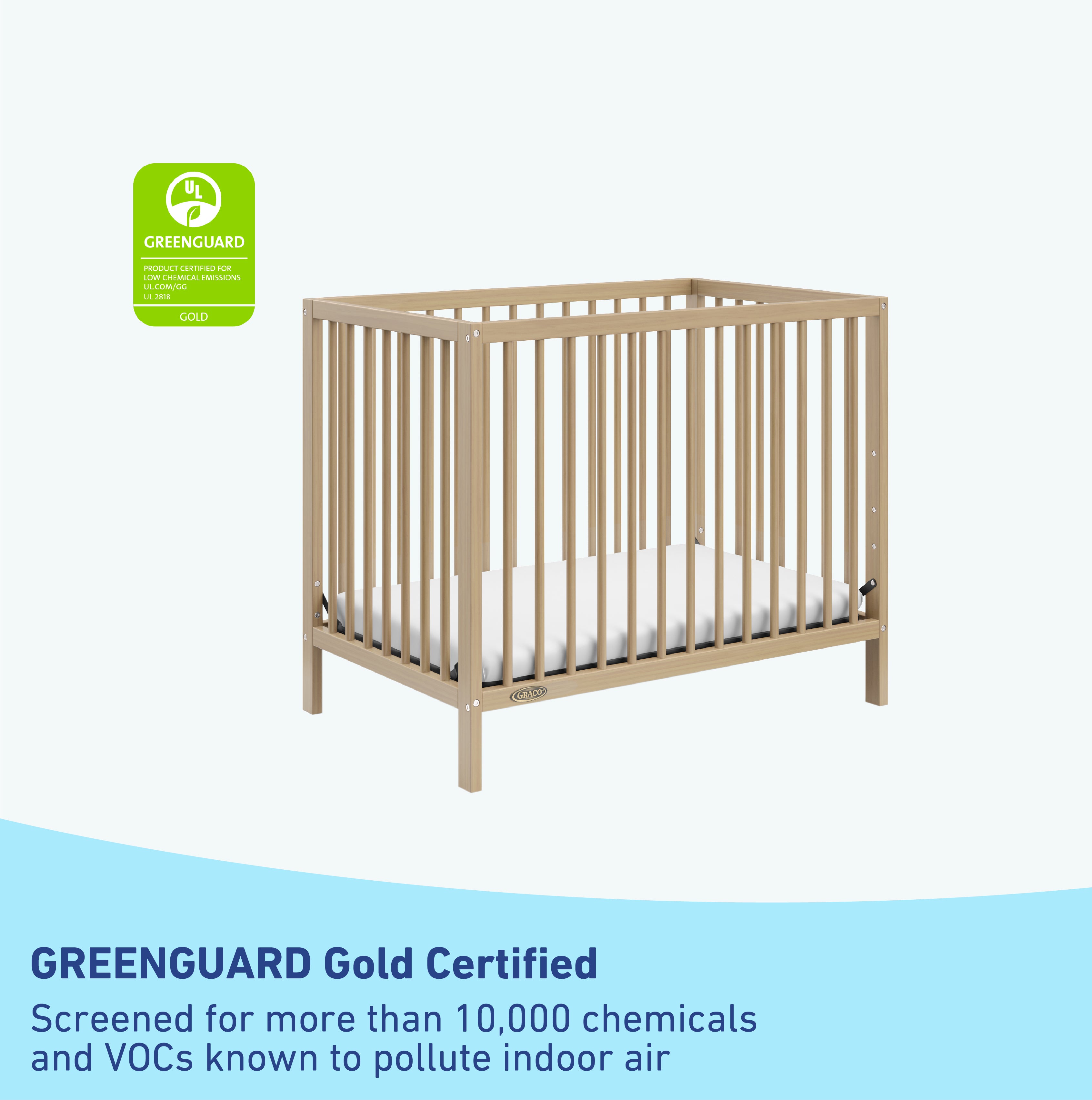 graco teddi driftwood mini crib GREENGUARD Gold Certified callout