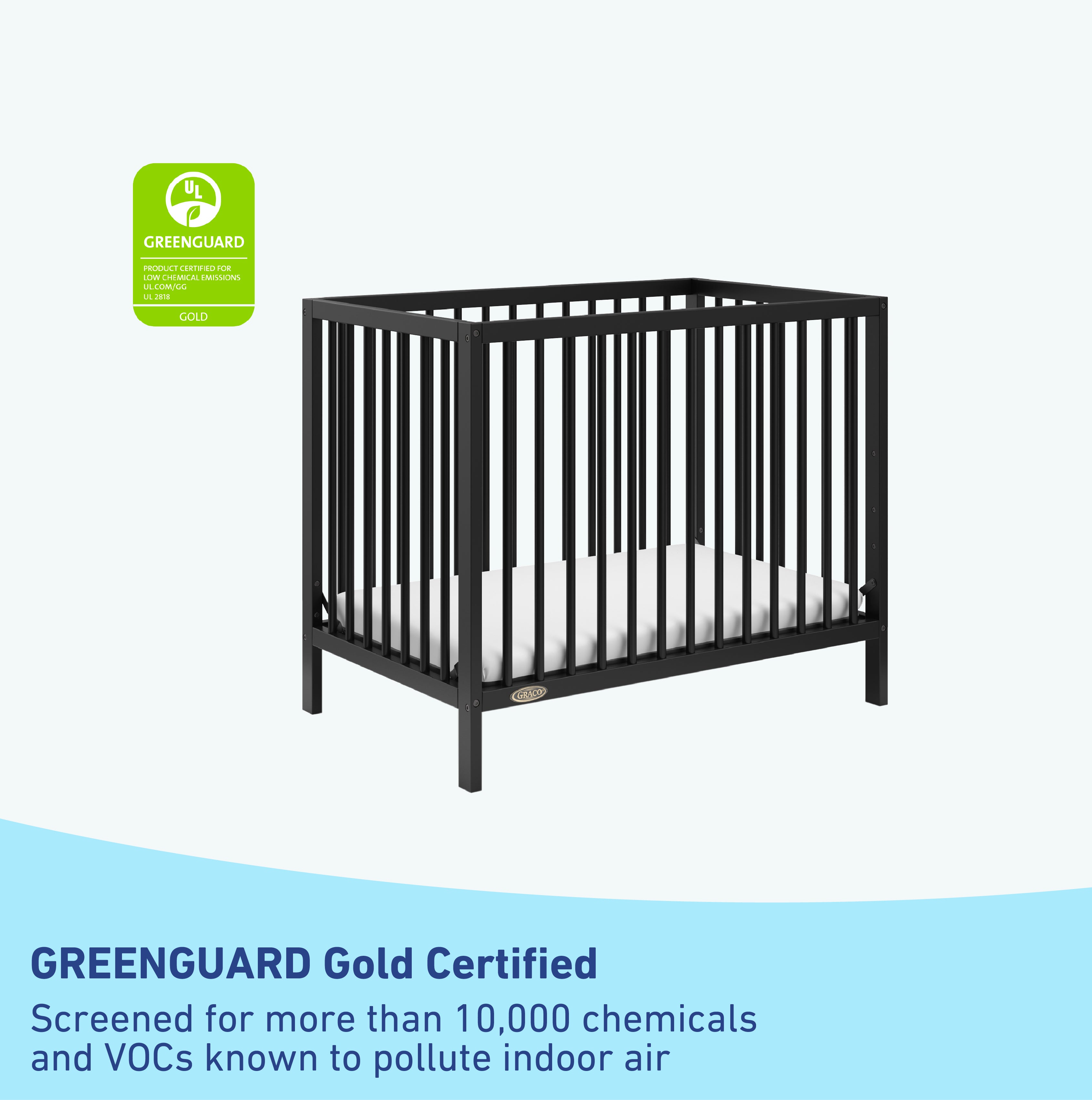 graco teddi black mini crib GREENGUARD Gold Certified callout