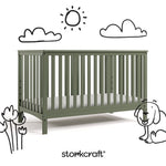 Hillcrest olive crib with black doodles overlaid on image