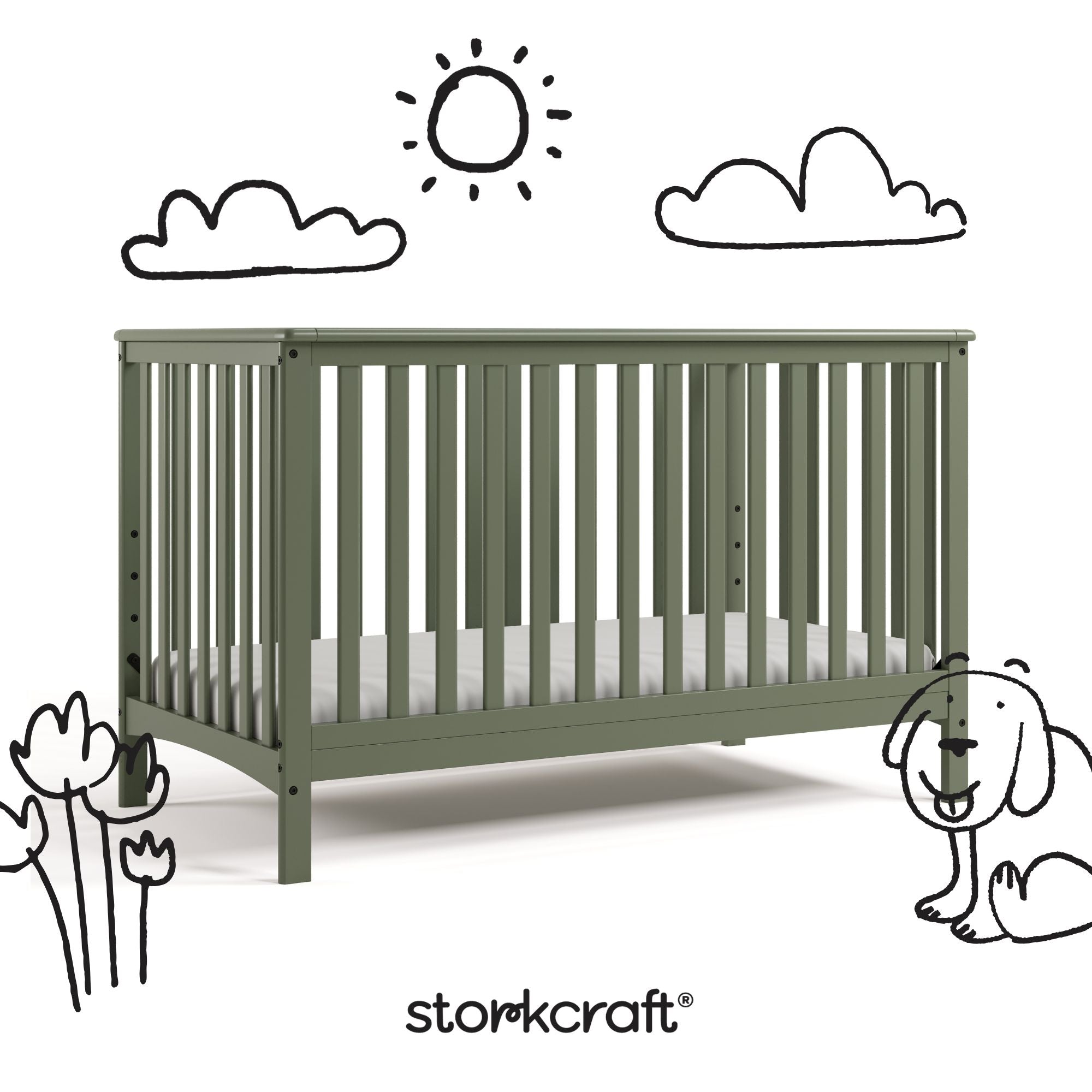 Hillcrest olive crib with black doodles overlaid on image