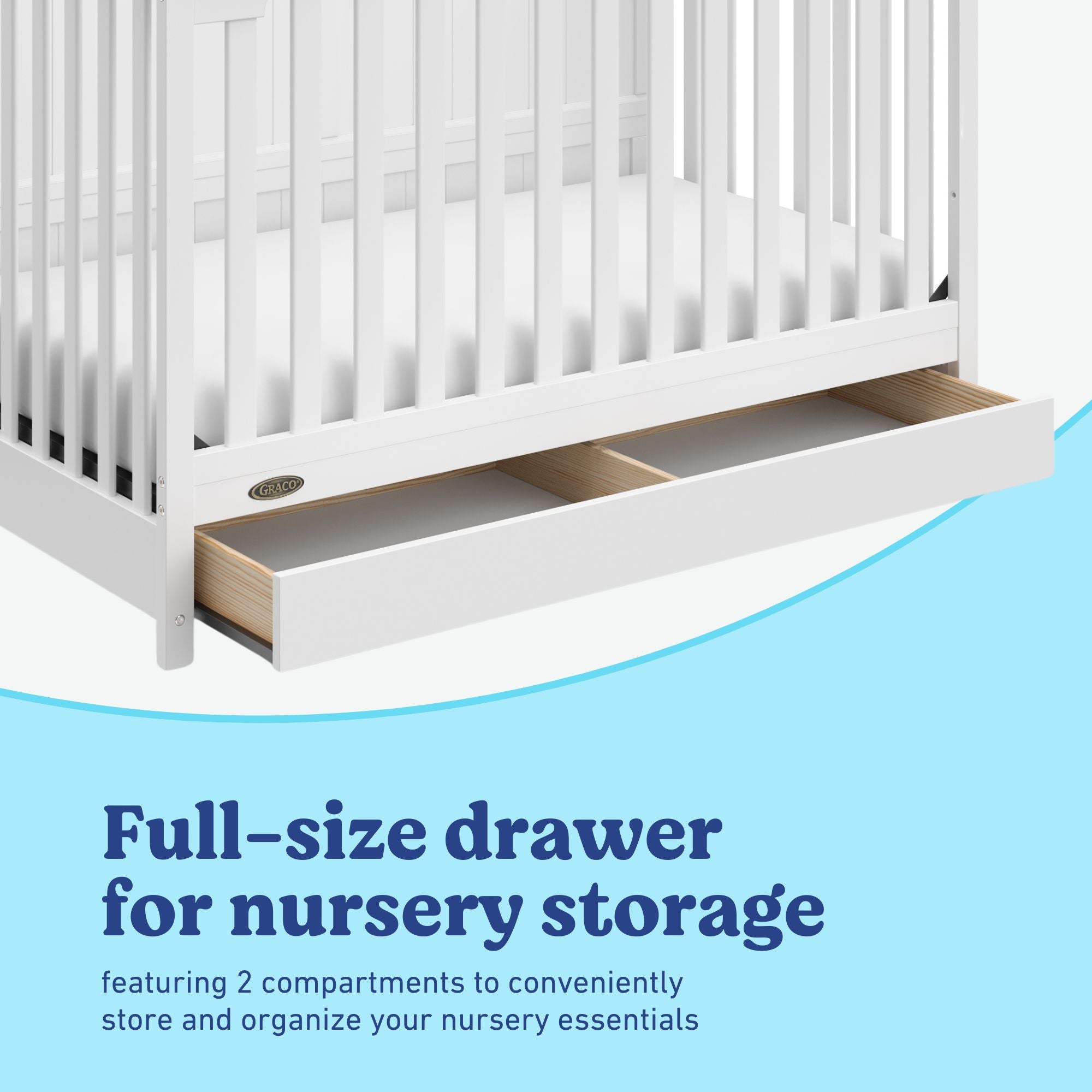 Hadley white crib with drawer full-size drawer callout