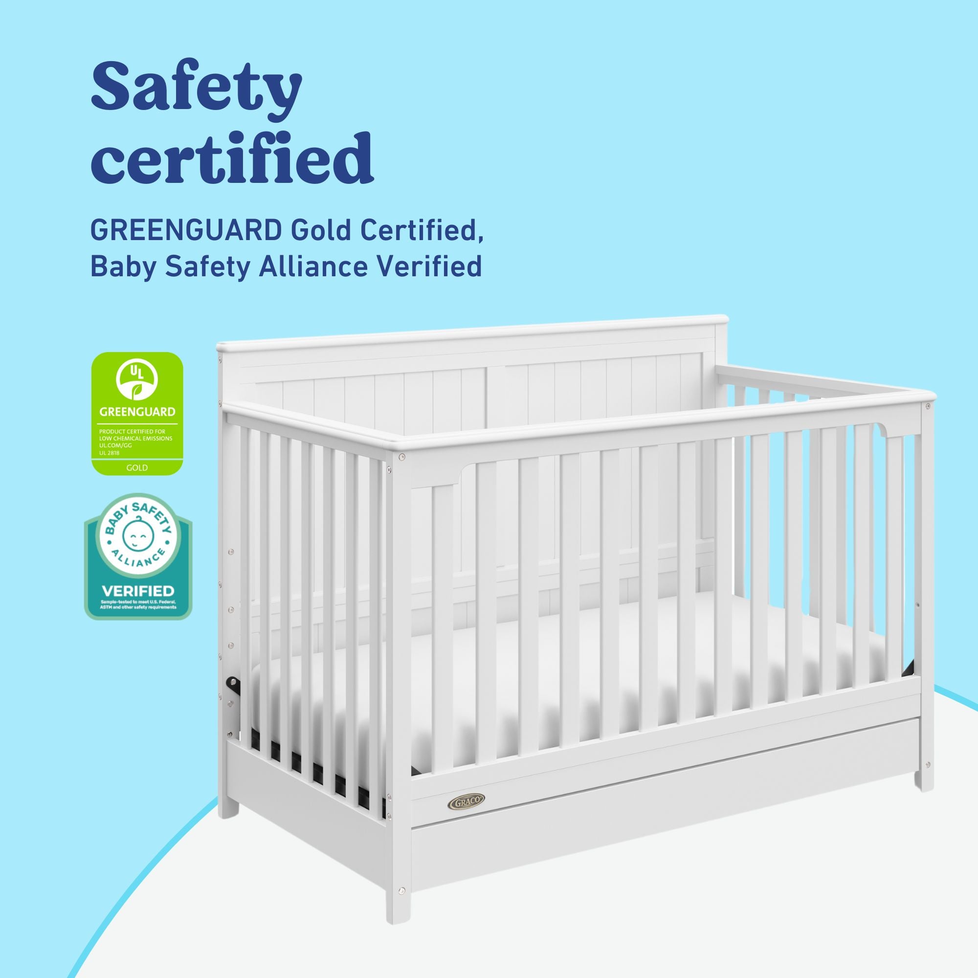 Hadley white crib with drawer certifications callout