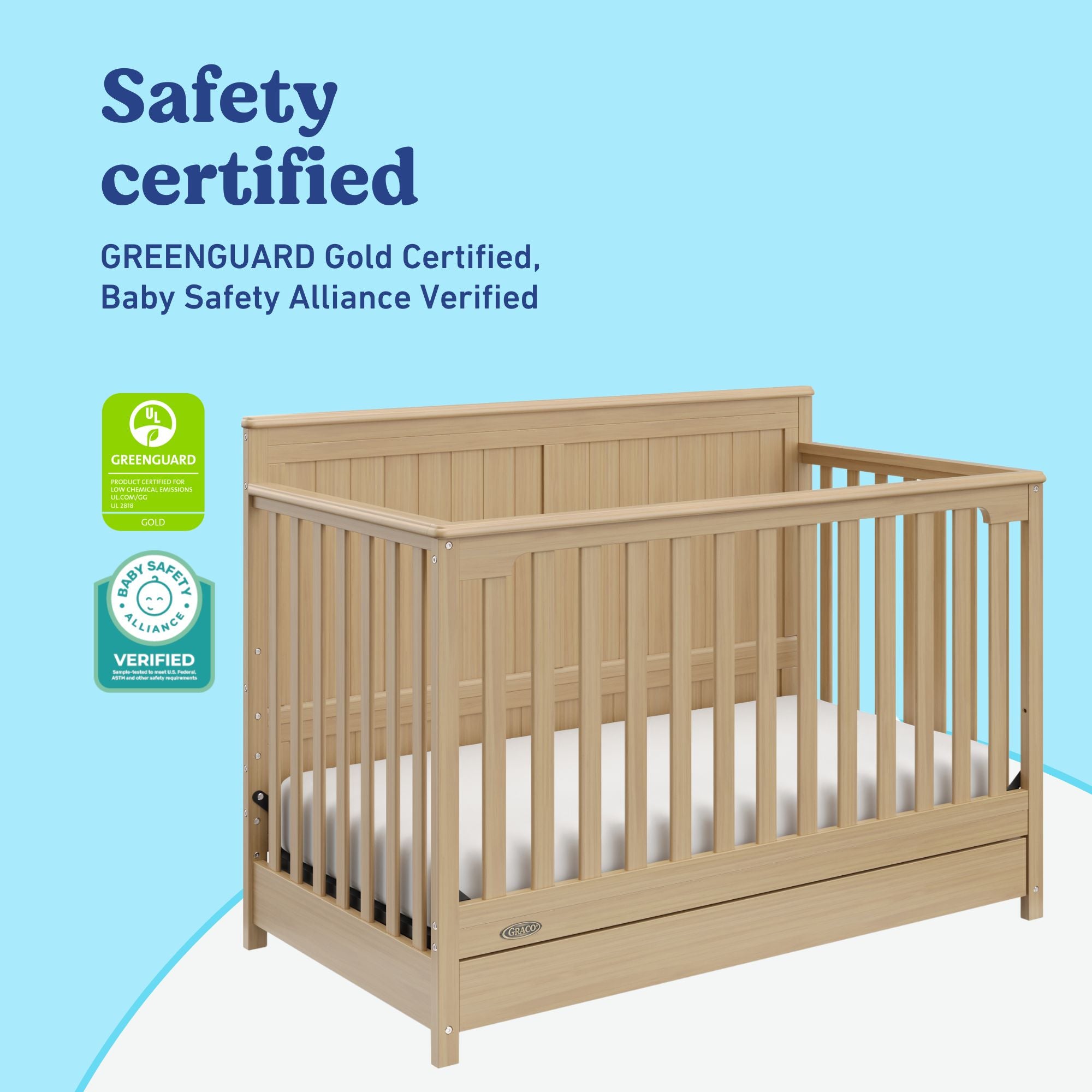 Hadley driftwood crib with drawer certifications callout