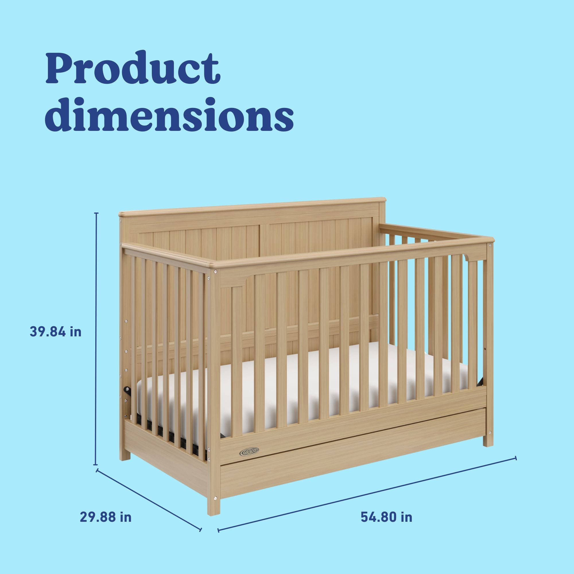 Hadley driftwood crib with drawer dimensions callout