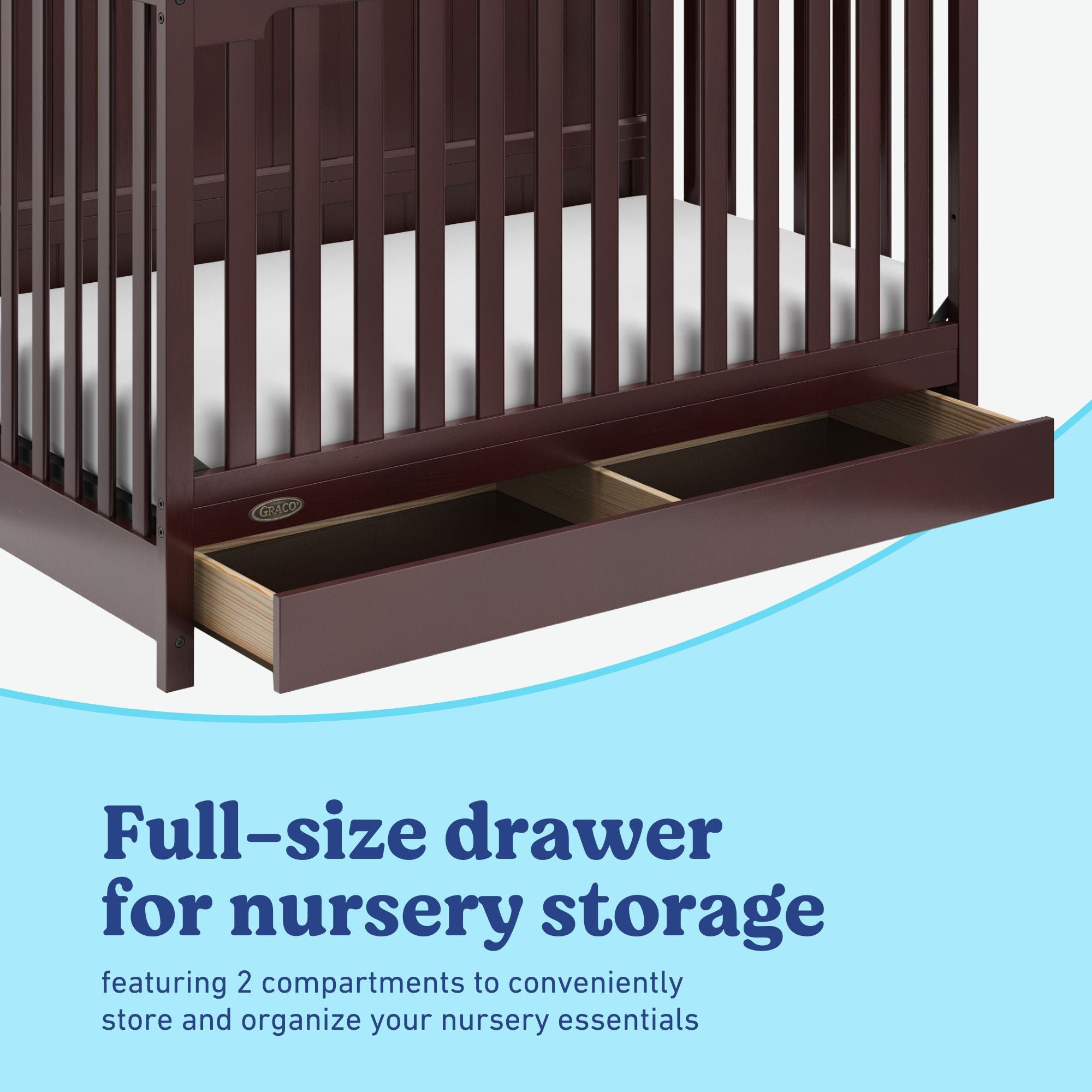 Hadley espresso crib with drawer full-size drawer callout