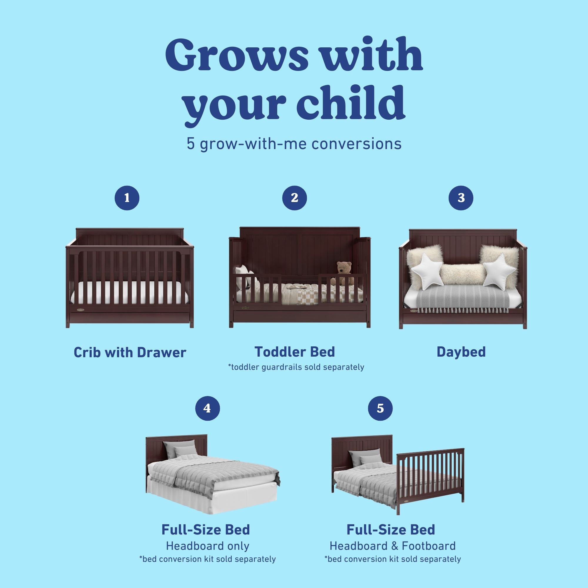Hadley espresso crib with drawer 5 conversions callout