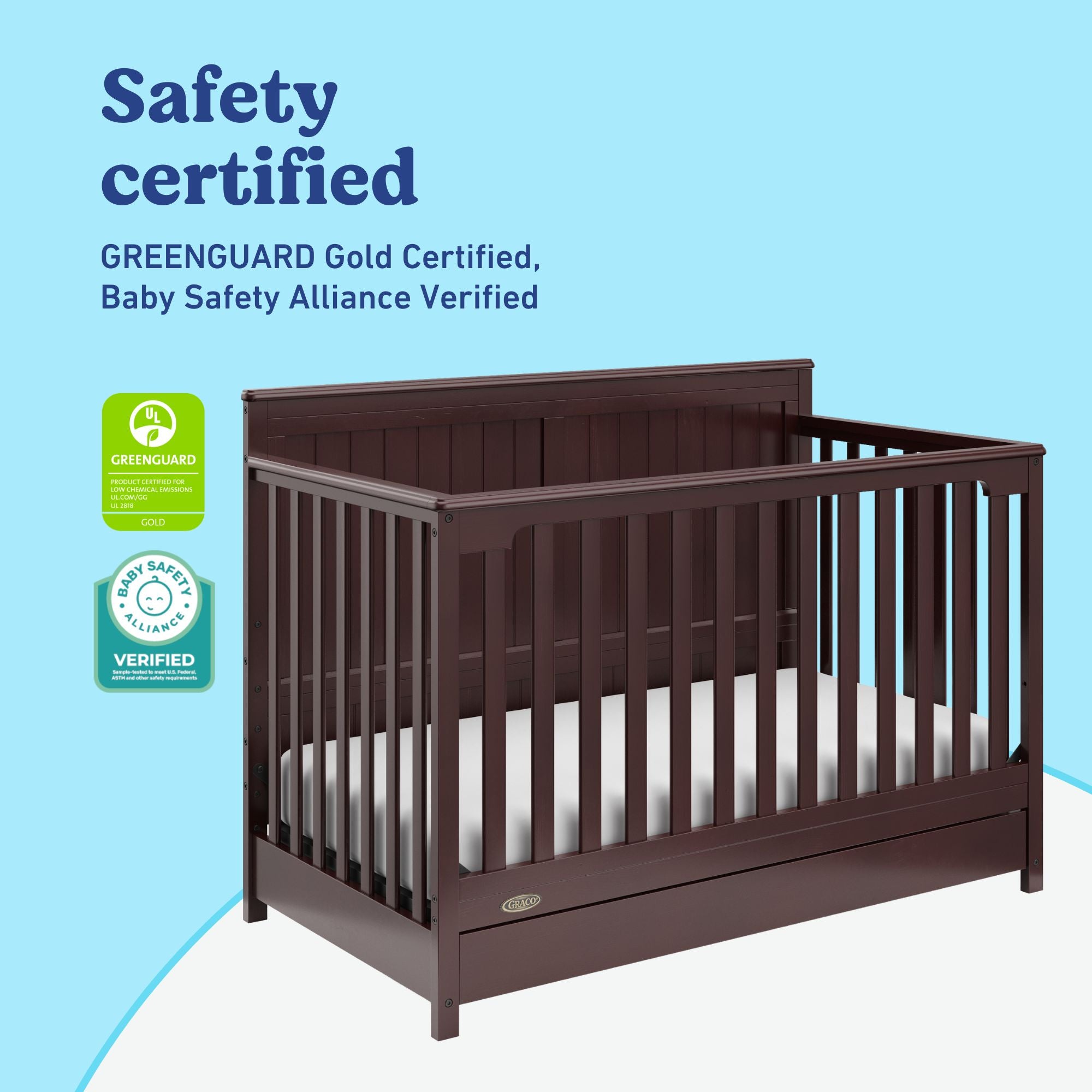 Hadley espresso crib with drawer certifications callout