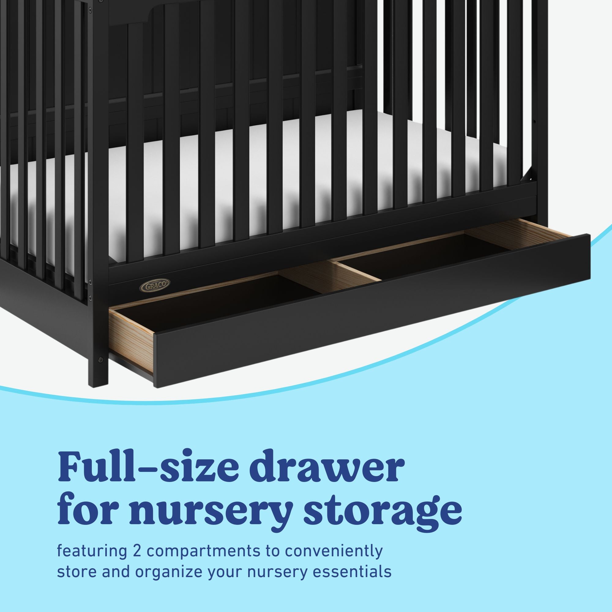 Hadley black crib with drawer full-size drawer callout
