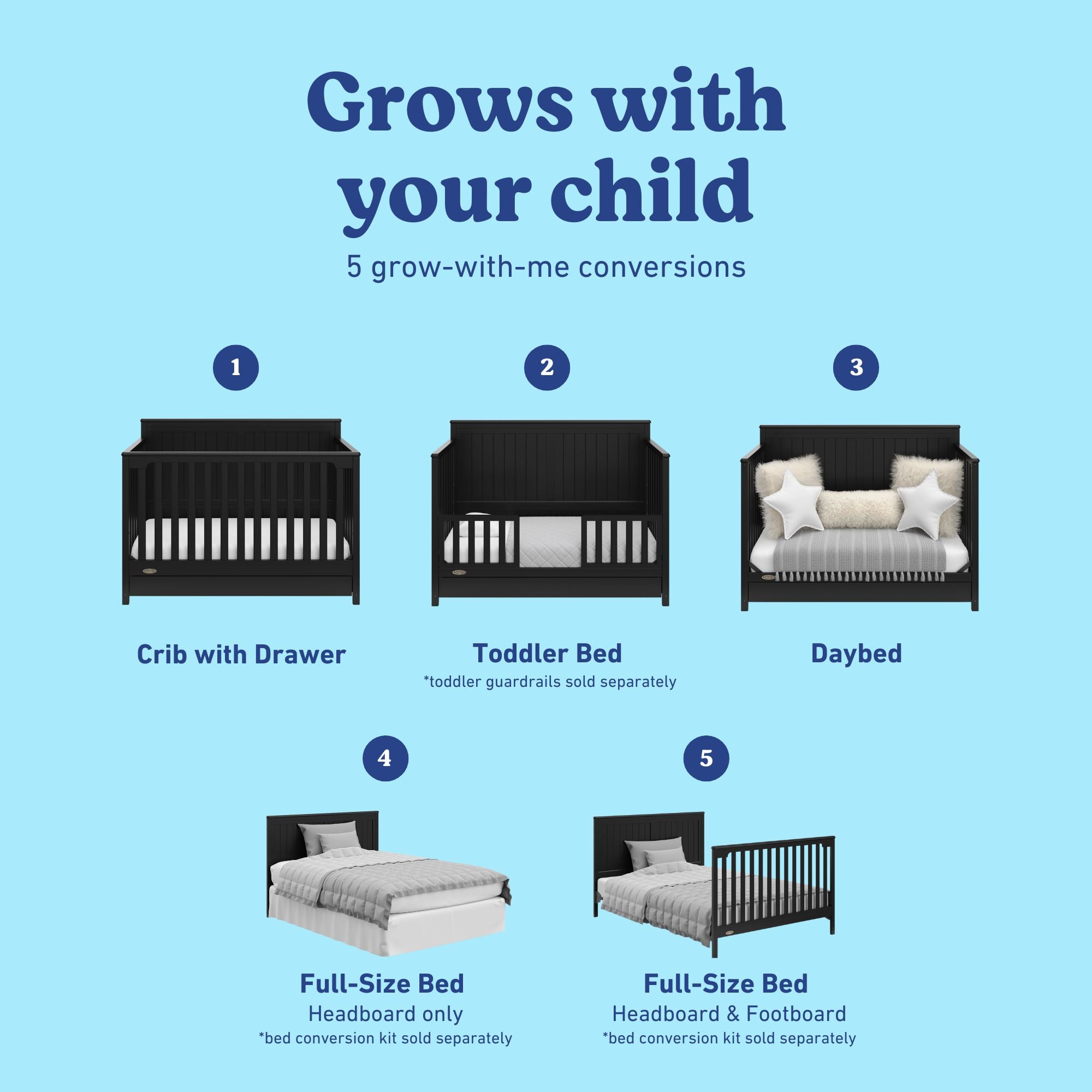 Hadley black crib with drawer 5 conversions callout