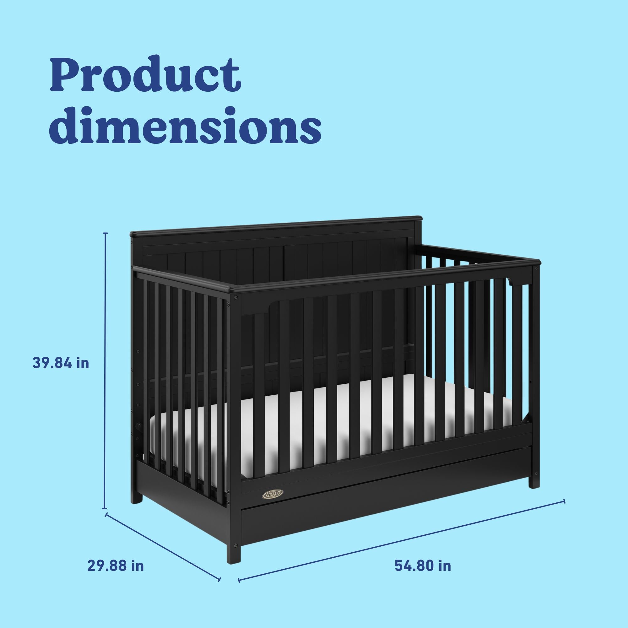 Hadley black crib with drawer dimensions callout