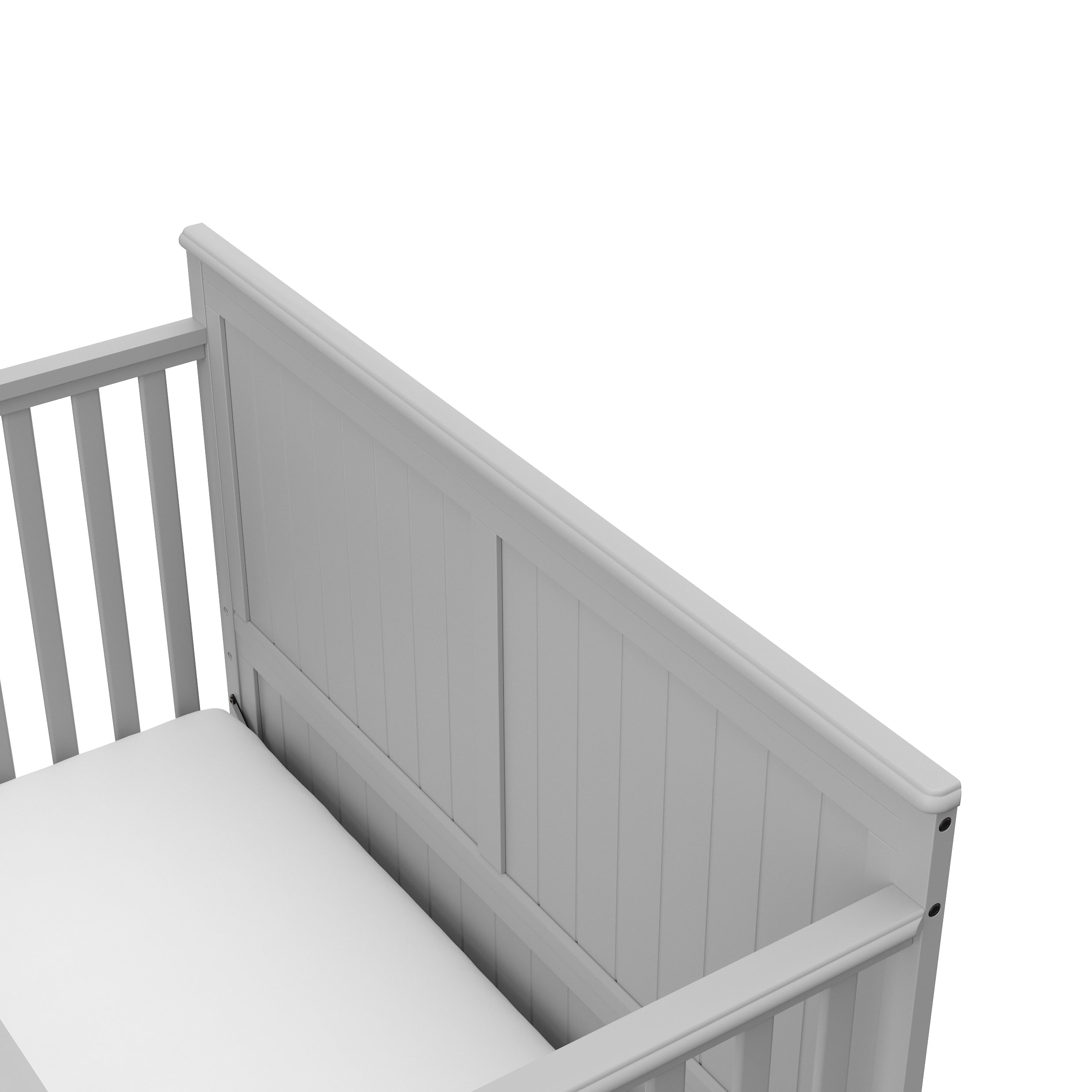 graco hadley pebble gray crib with drawer top angle view