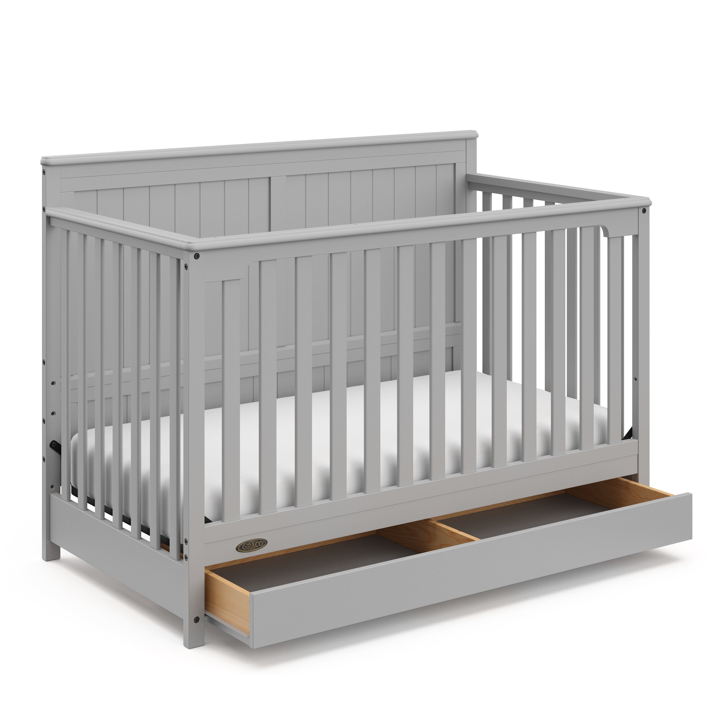 graco hadley pebble gray crib with drawer open angle view