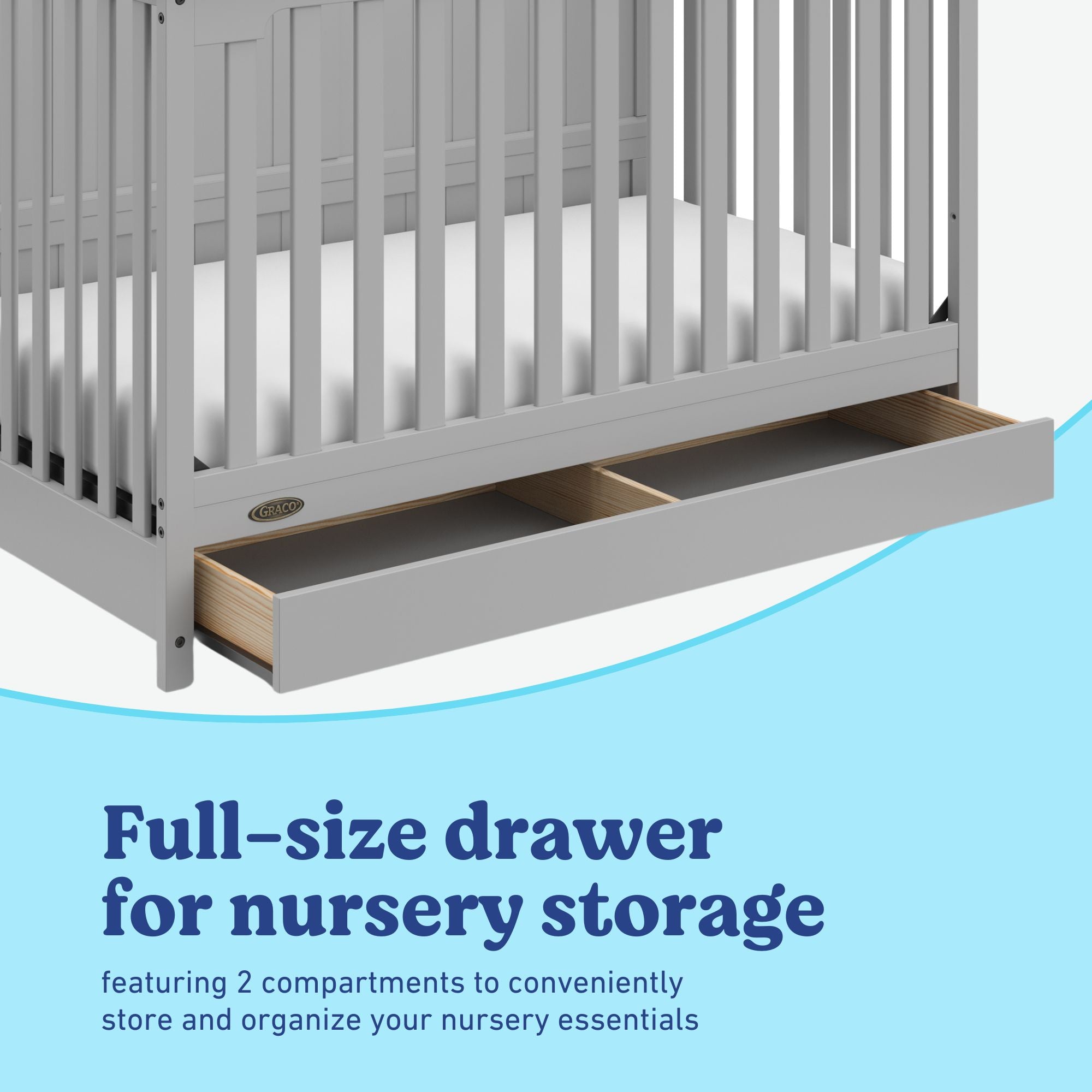 Hadley pebble gray crib with drawer full-size drawer callout