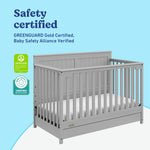 Hadley pebble gray crib with drawer certifications callout