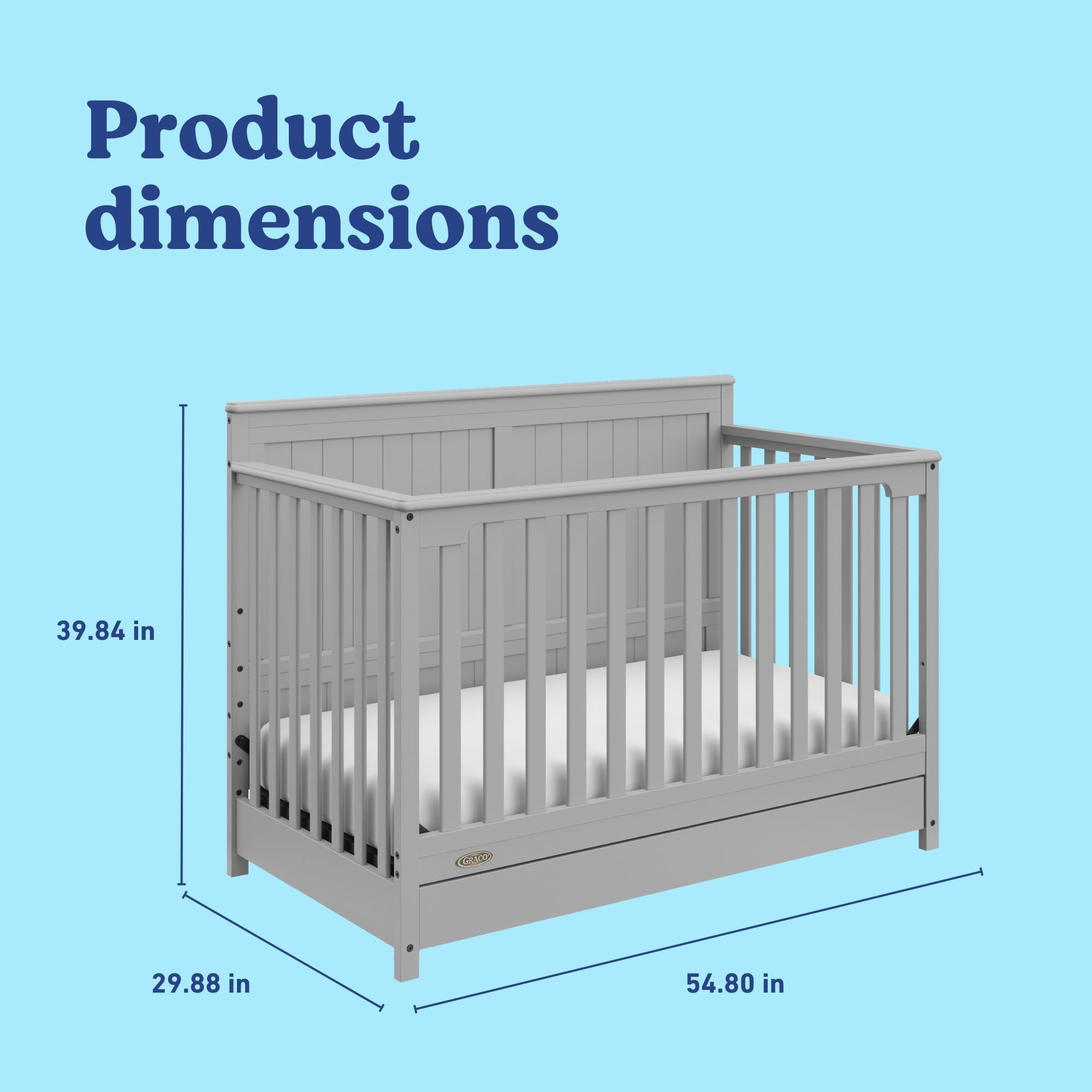 Hadley pebble gray crib with drawer with dimensions