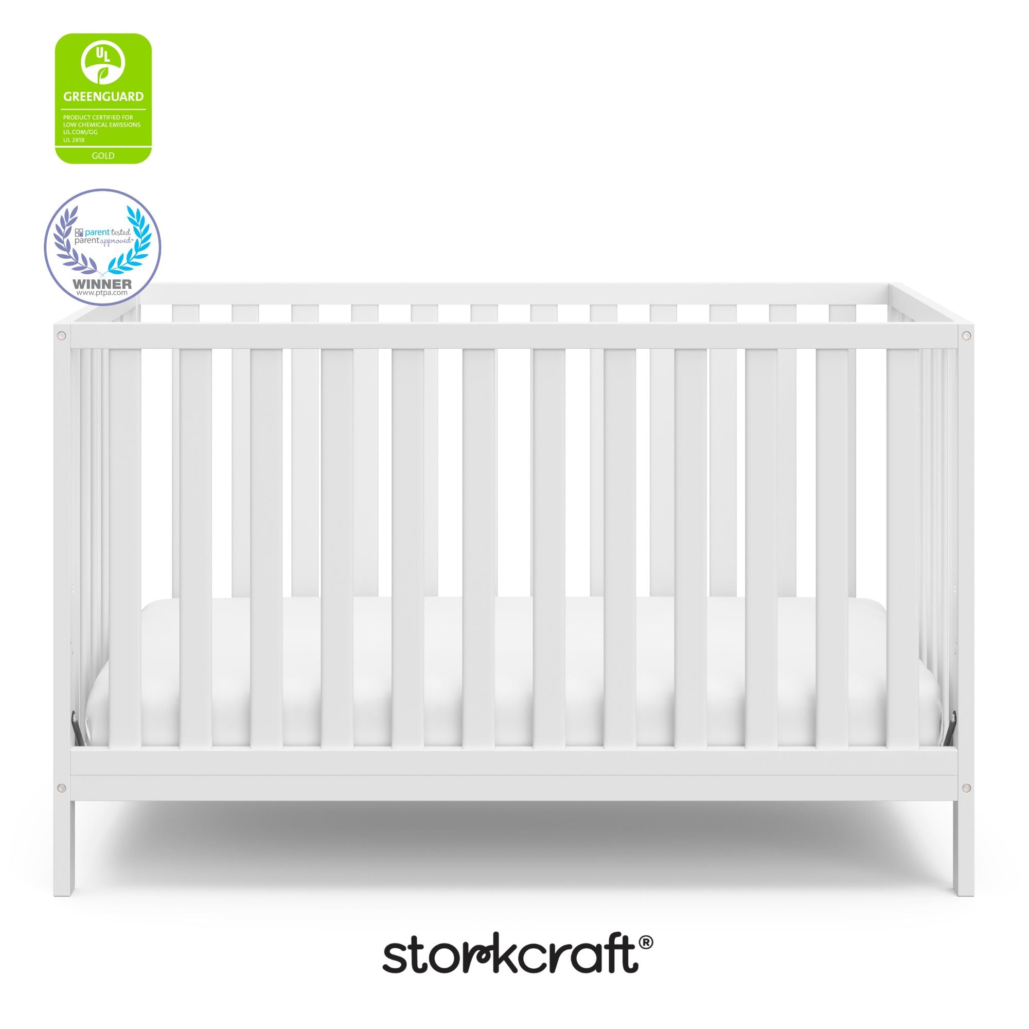 White crib with overlay text highlighting certification seals