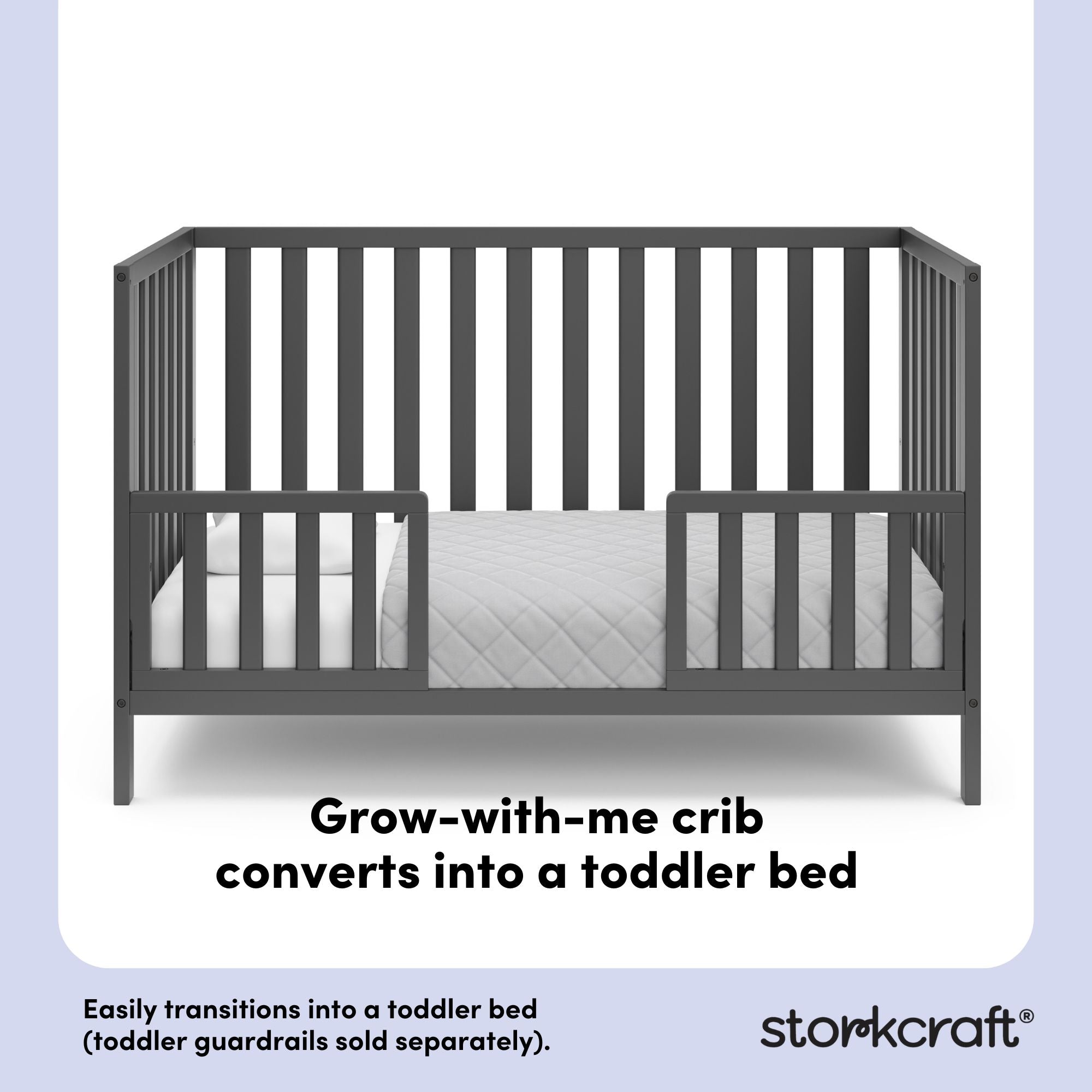Gray crib converted into a toddler bed with overlay text highlighting product features