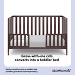 Espresso crib converted into a toddler bed with overlay text highlighting product features