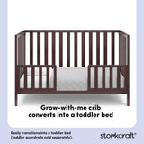 Espresso crib converted into a toddler bed with overlay text highlighting product features