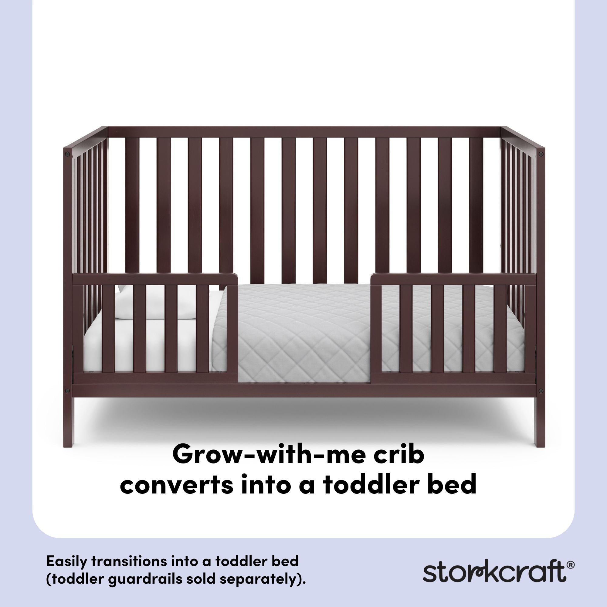 Espresso crib converted into a toddler bed with overlay text highlighting product features