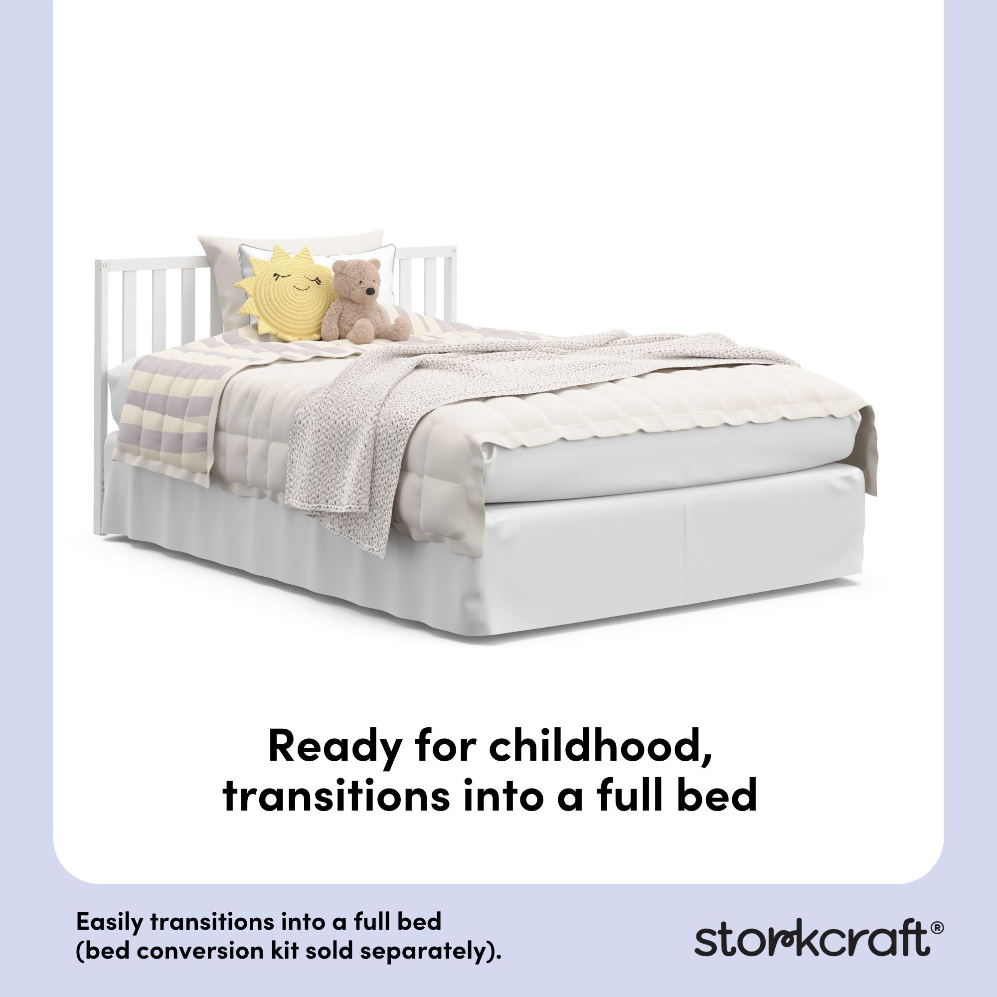 White crib converted into a twin bed, with overlay text highlighting product features.