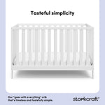 White crib with overlay text highlighting product features