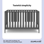 gray crib with overlay text highlighting product features