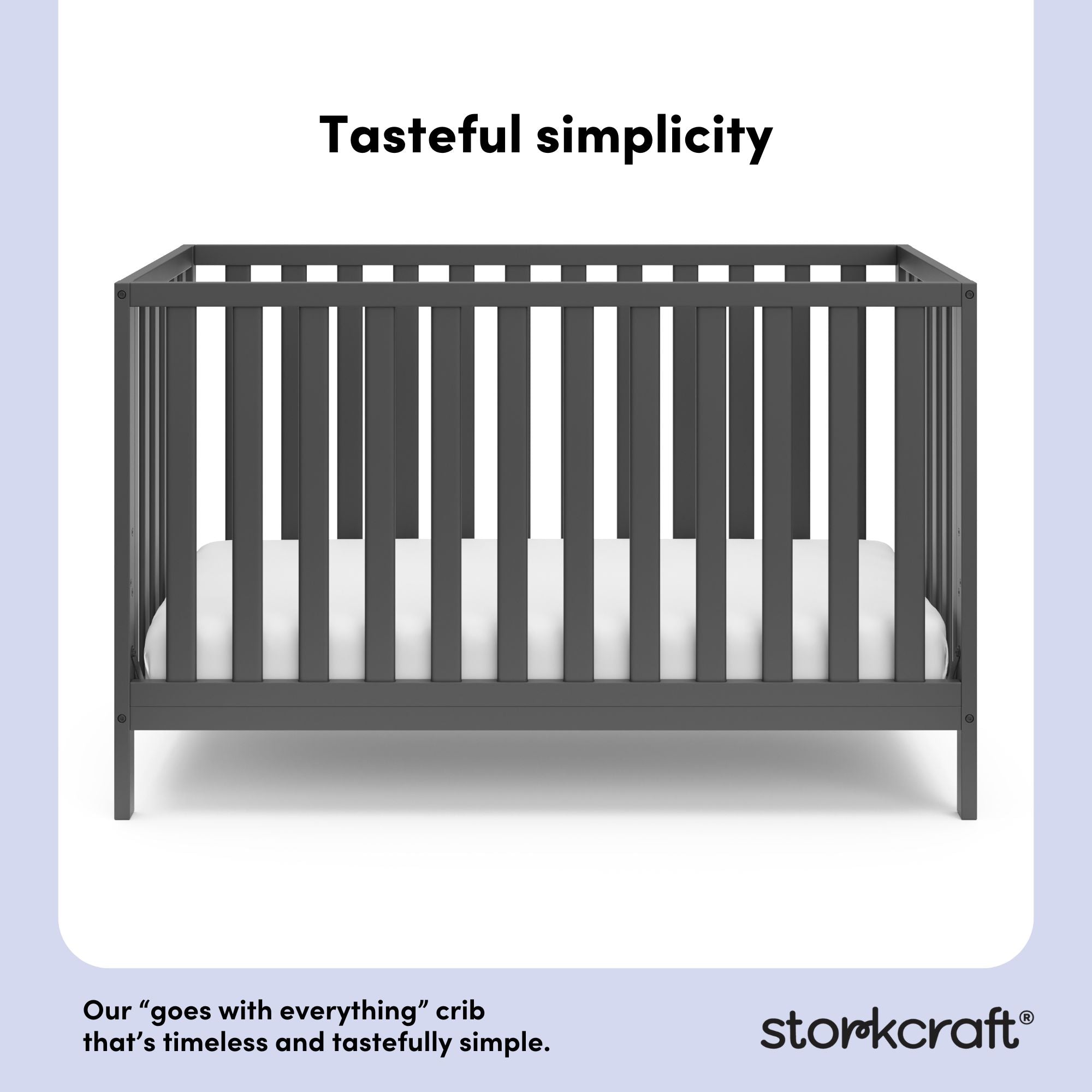 gray crib with overlay text highlighting product features