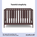 Espresso crib with overlay text highlighting features