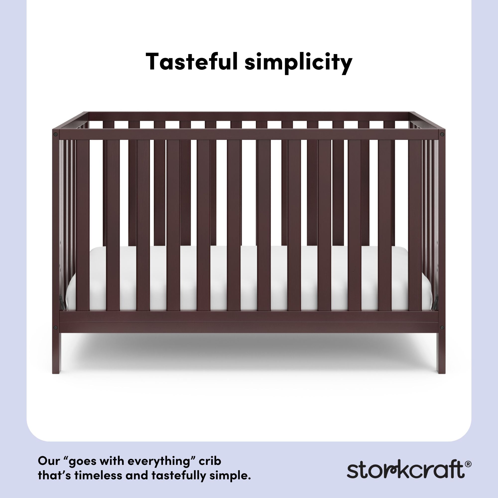 Espresso crib with overlay text highlighting features