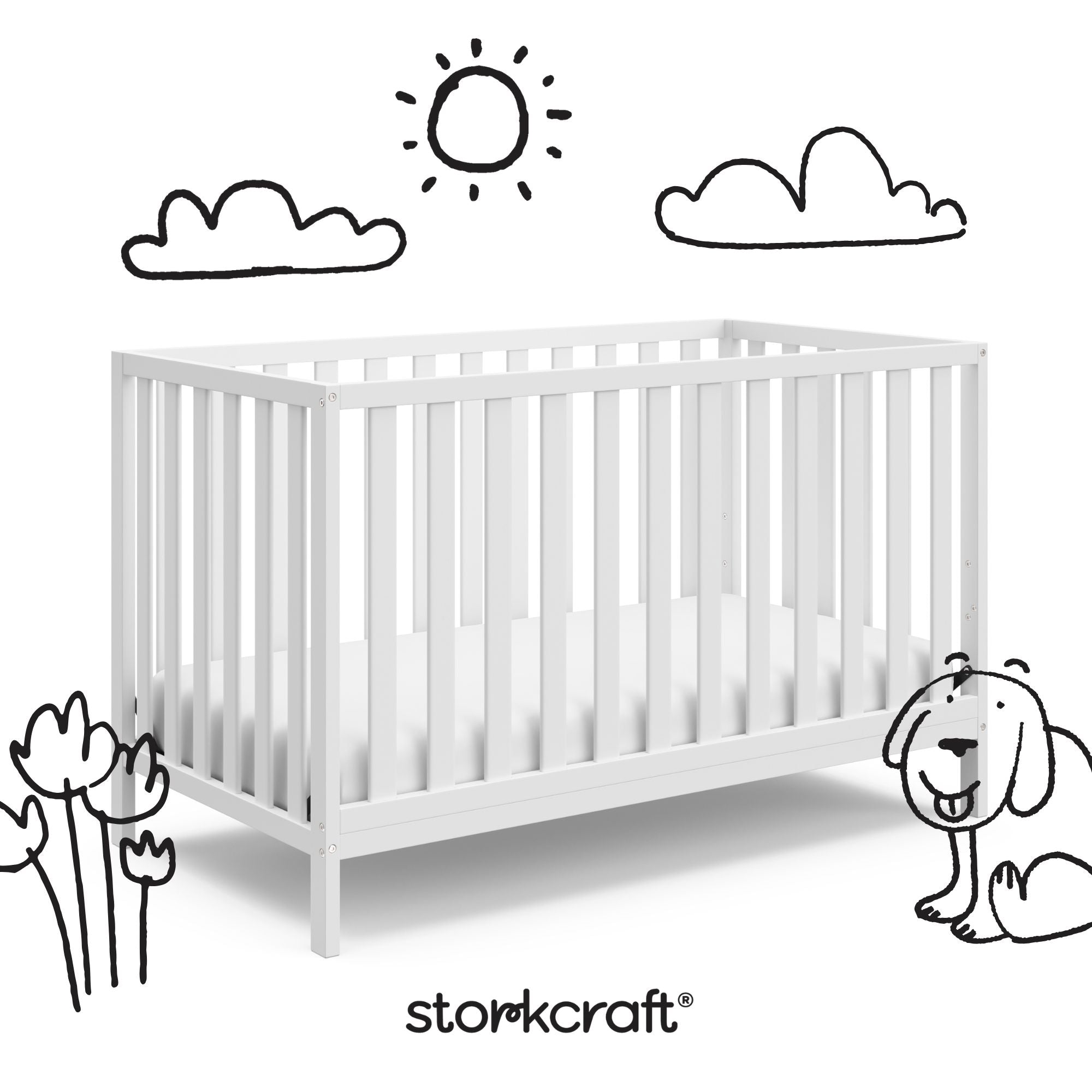 Side view of a crib with decorative doodle drawings overlaid on the image.