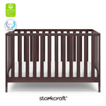 Espresso crib with overlay text highlighting certification seals