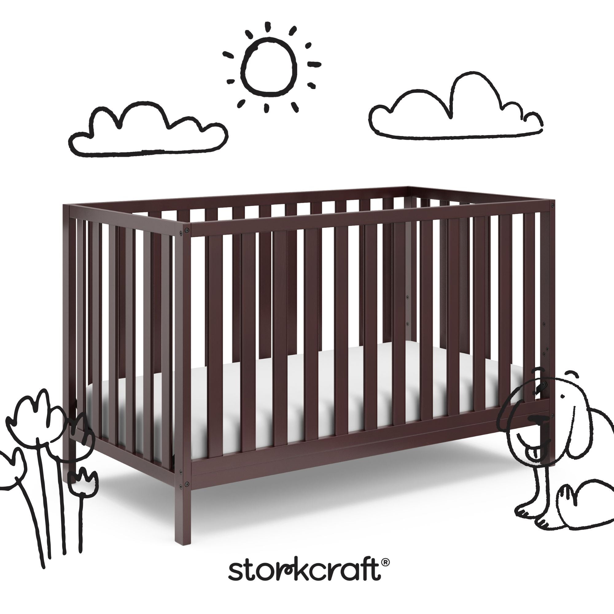 Side view of a crib with decorative doodle drawings overlaid on the image.