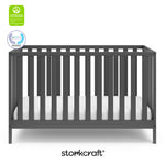 Gray crib with overlay text highlighting certification seals