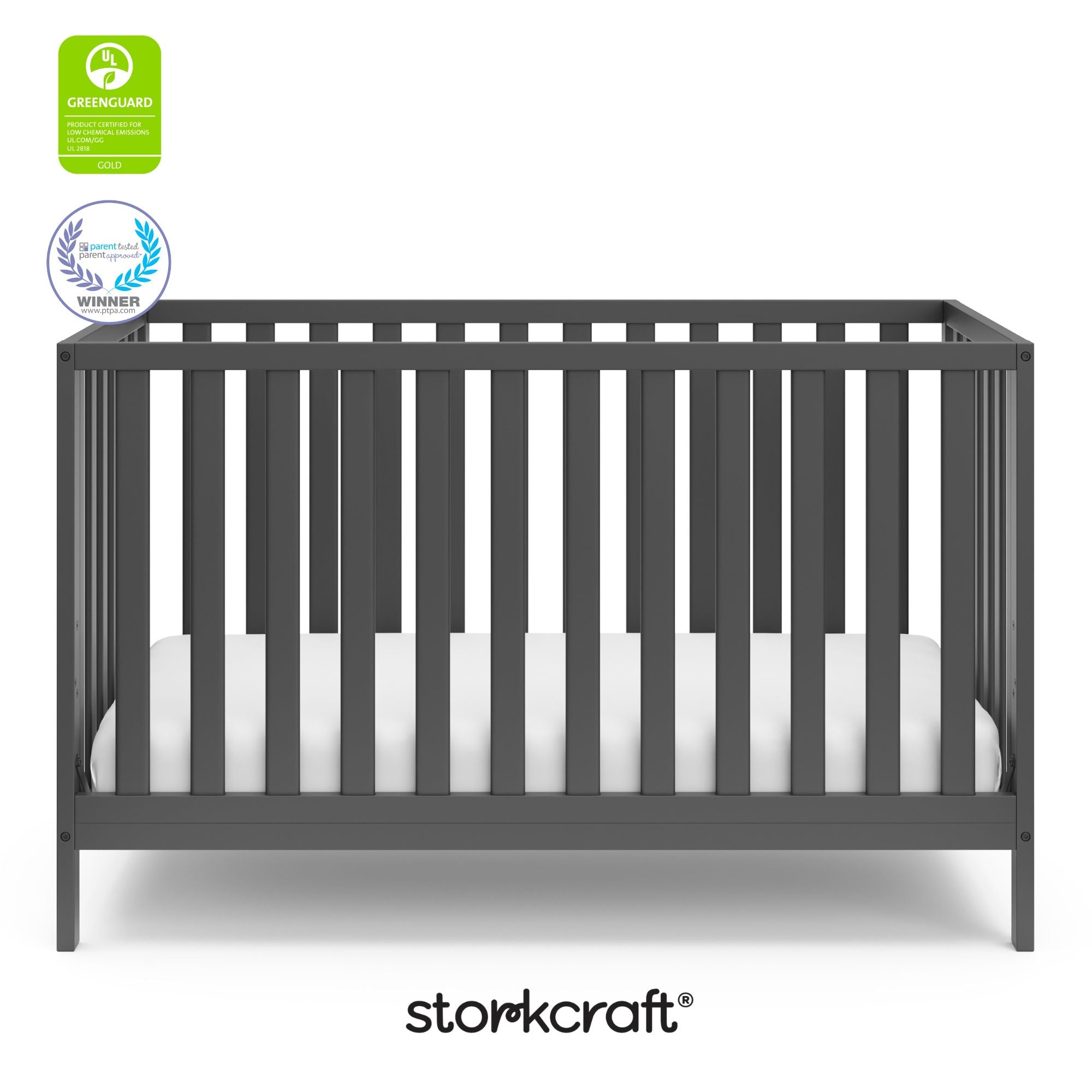 Gray crib with overlay text highlighting certification seals