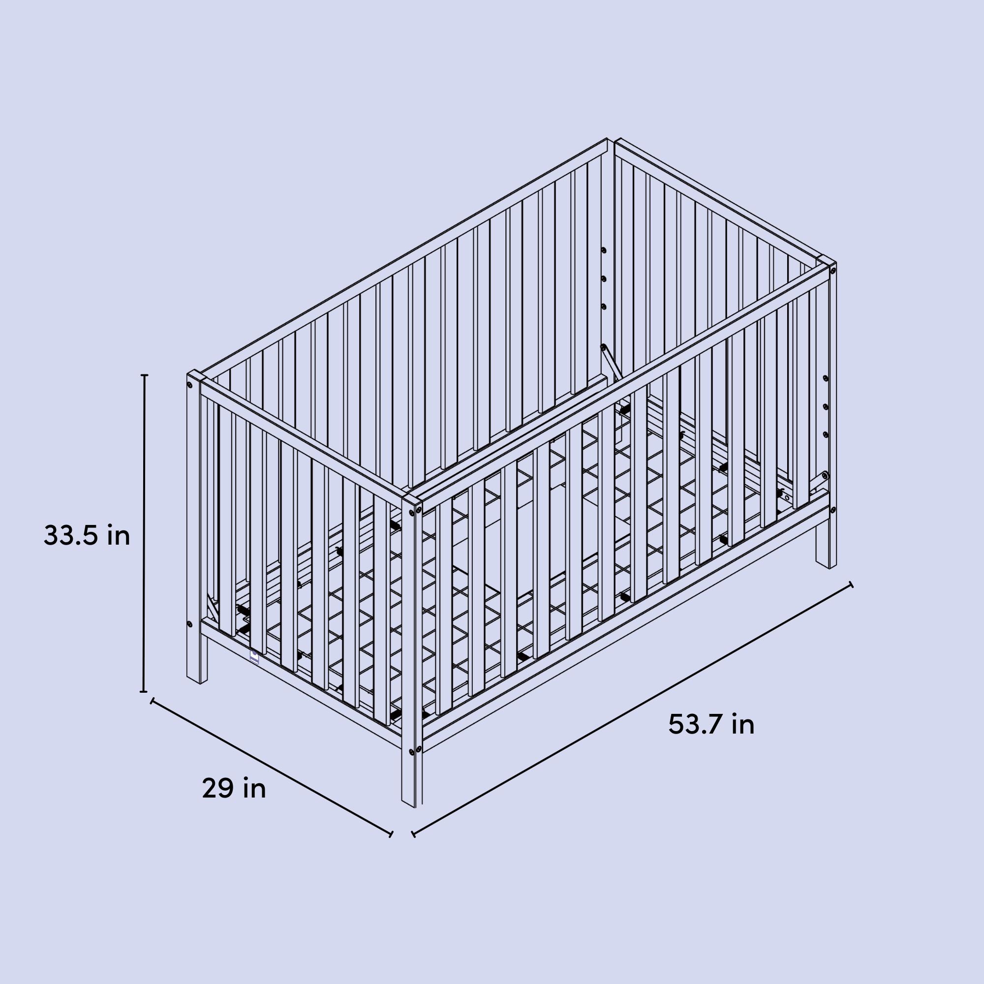 Drawing of crib with measurements indicated