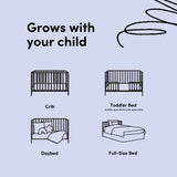 Illustration showing the four conversion stages of a crib: crib, toddler bed, daybed, and full-size bed