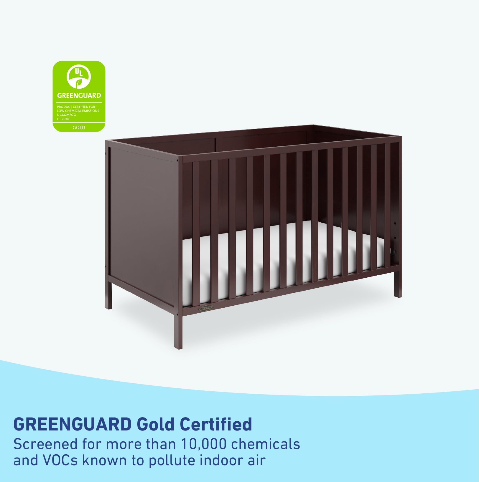 graco theo espresso crib GREENGUARD Gold Certified callout