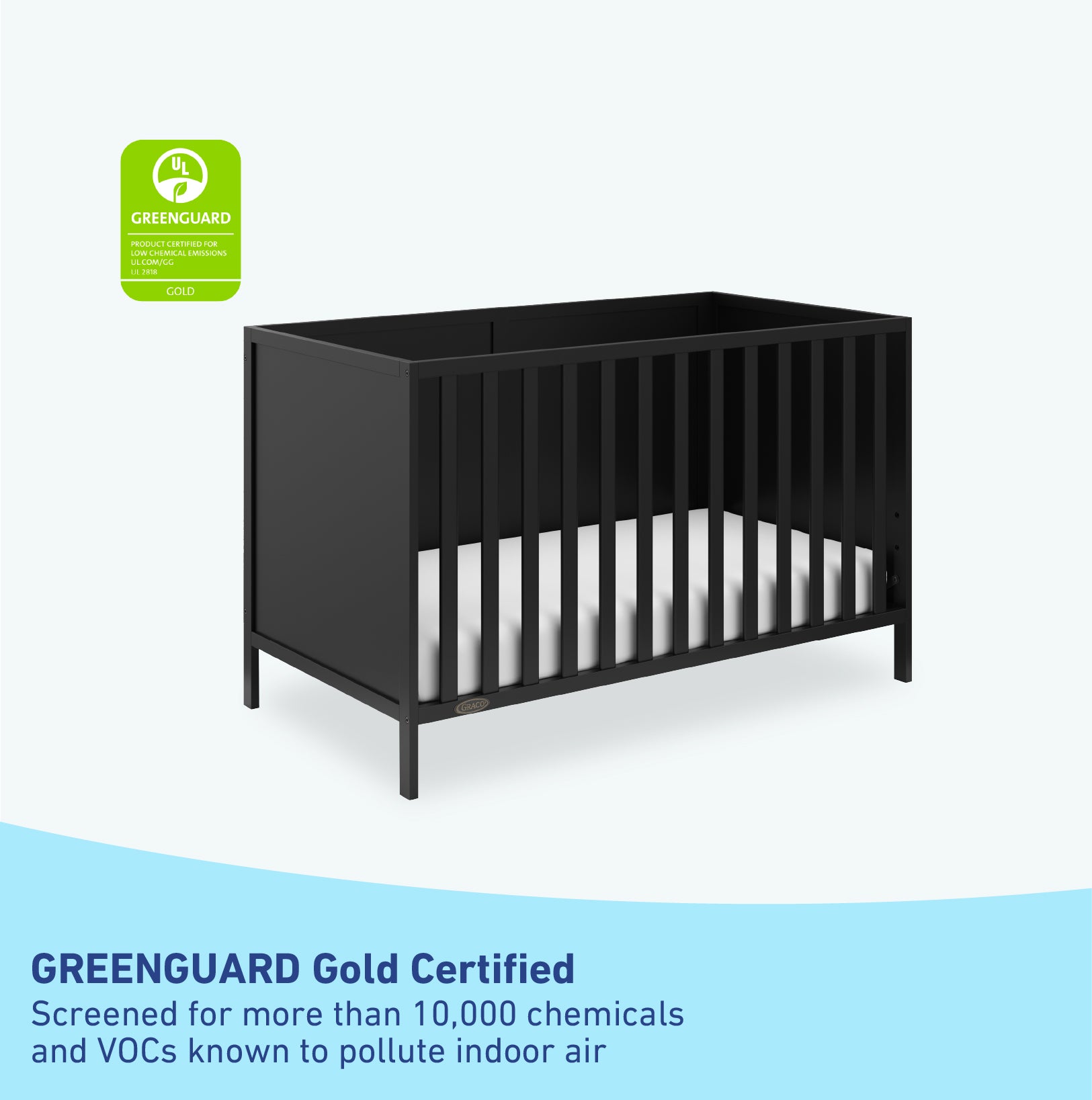graco theo black crib GREENGUARD Gold Certified callout