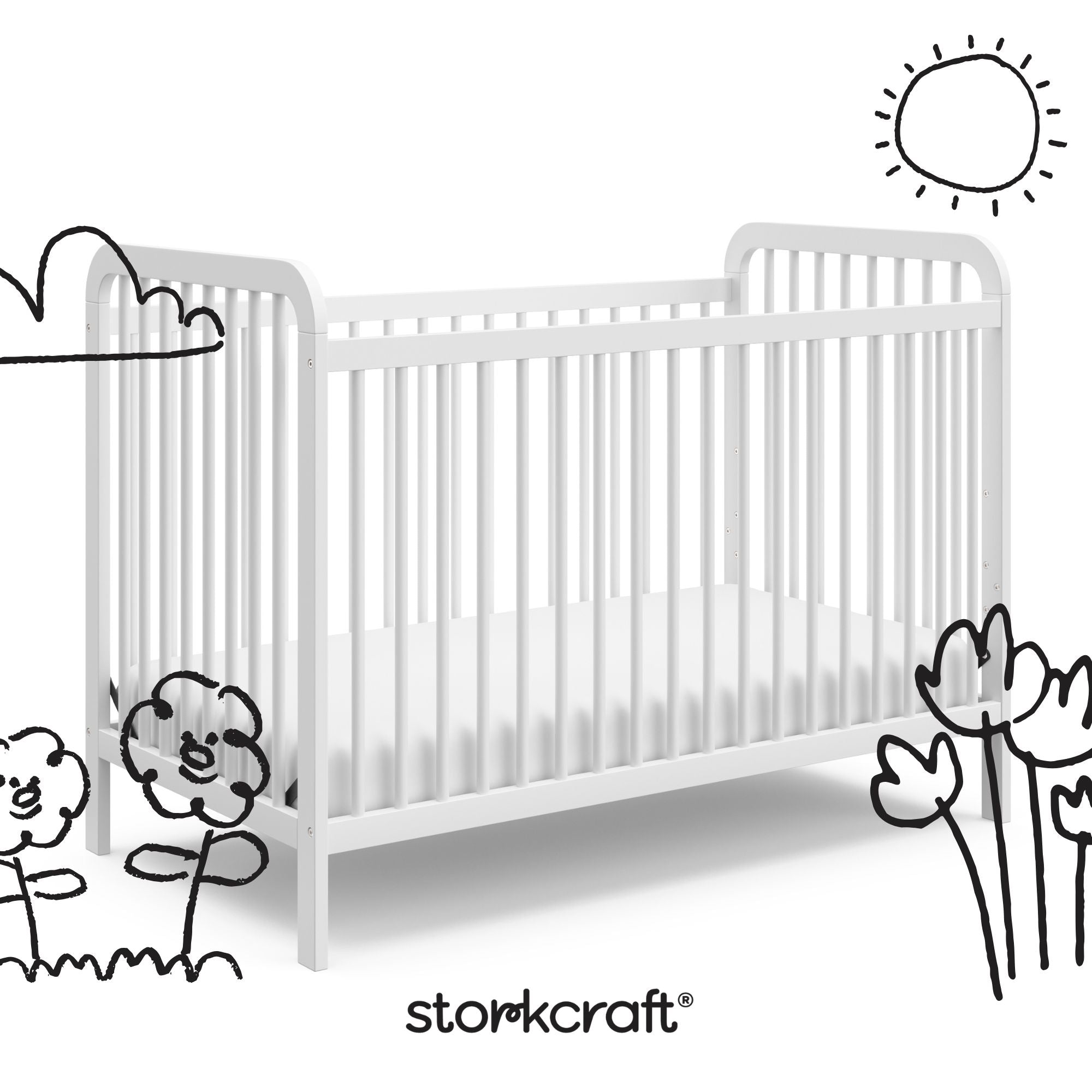 pasadena white crib with black cartoon drawings