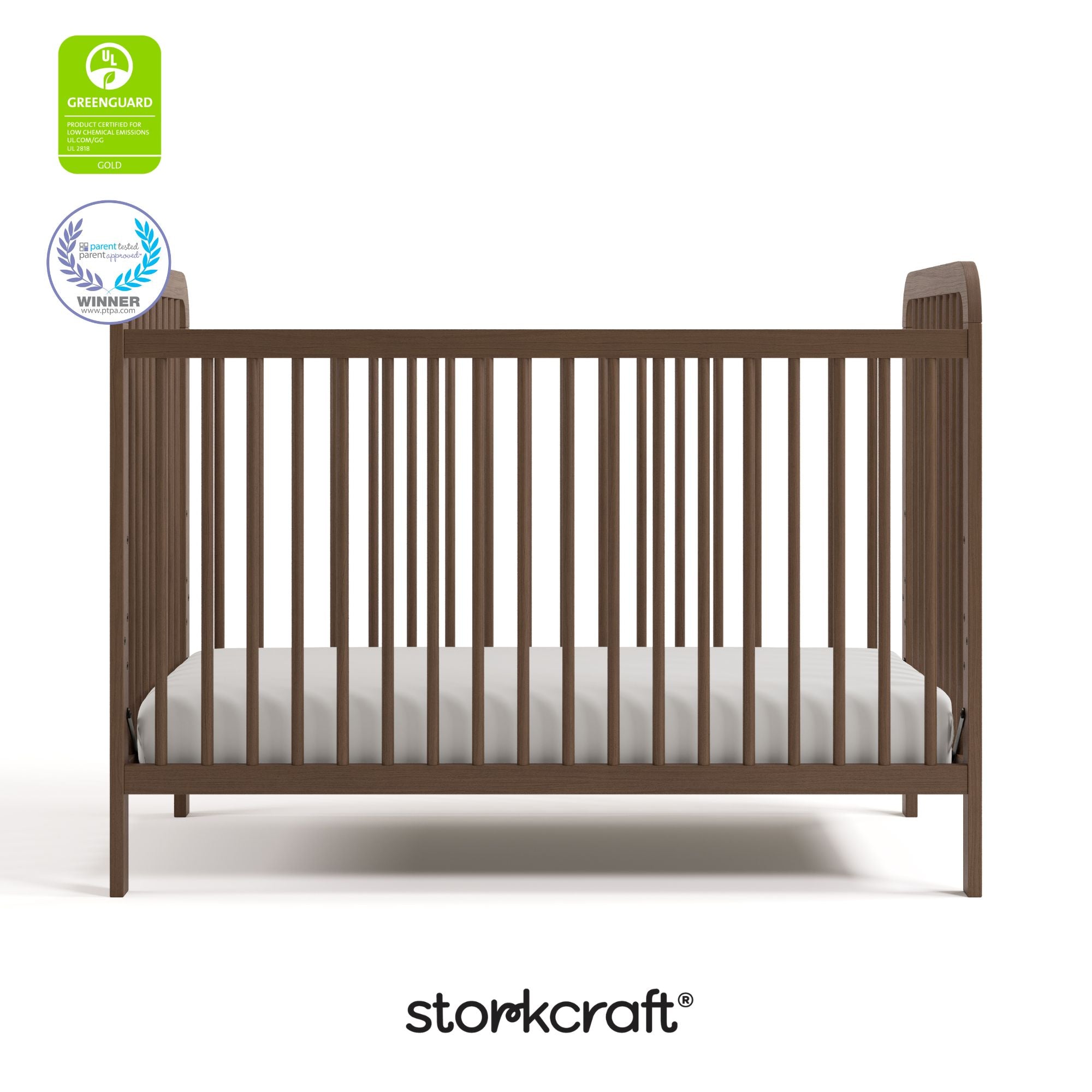 Pasadena hazelnut crib with GGG and PTPA logos on top left