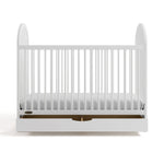 Oliva white crib with drawer open front view