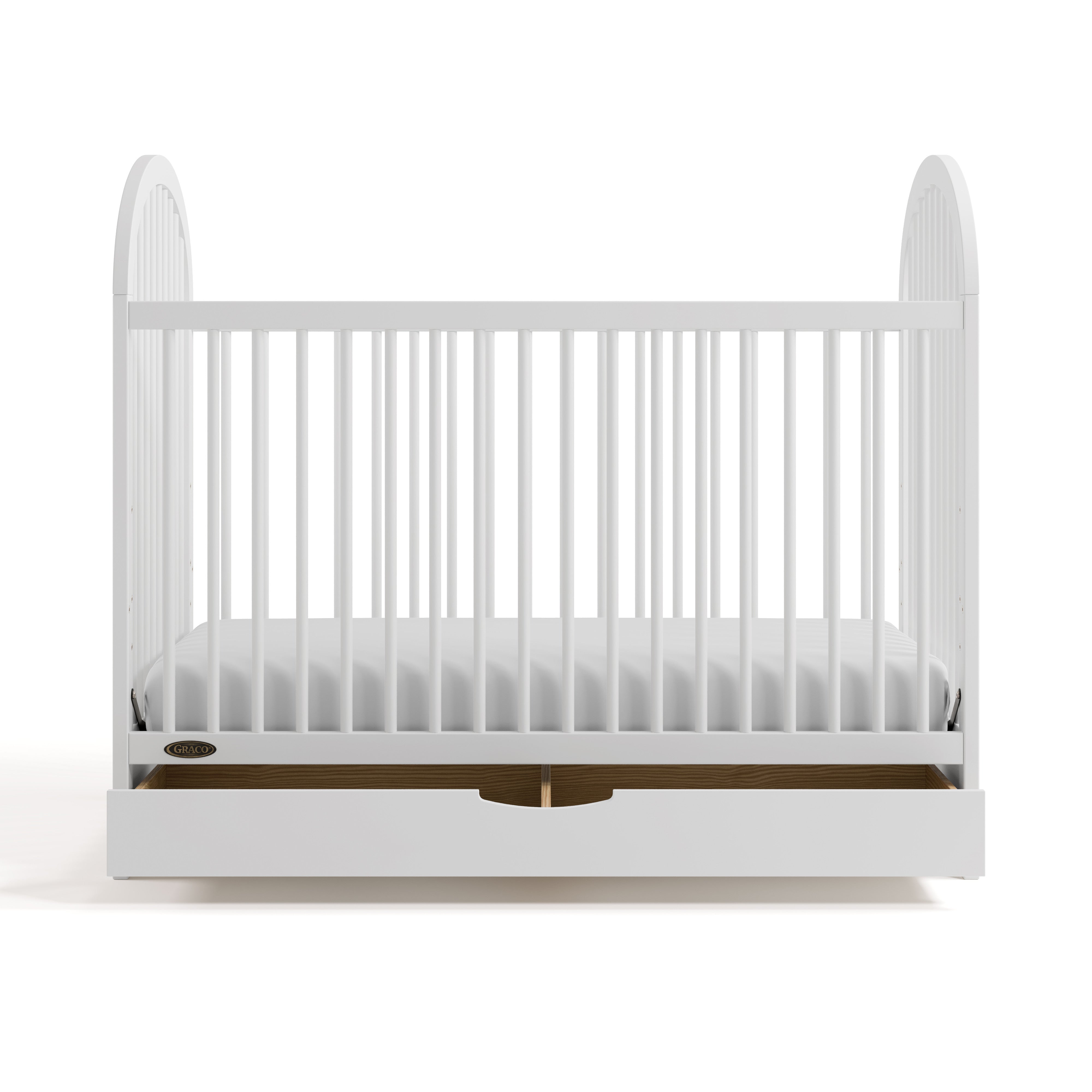 Oliva white crib with drawer open front view