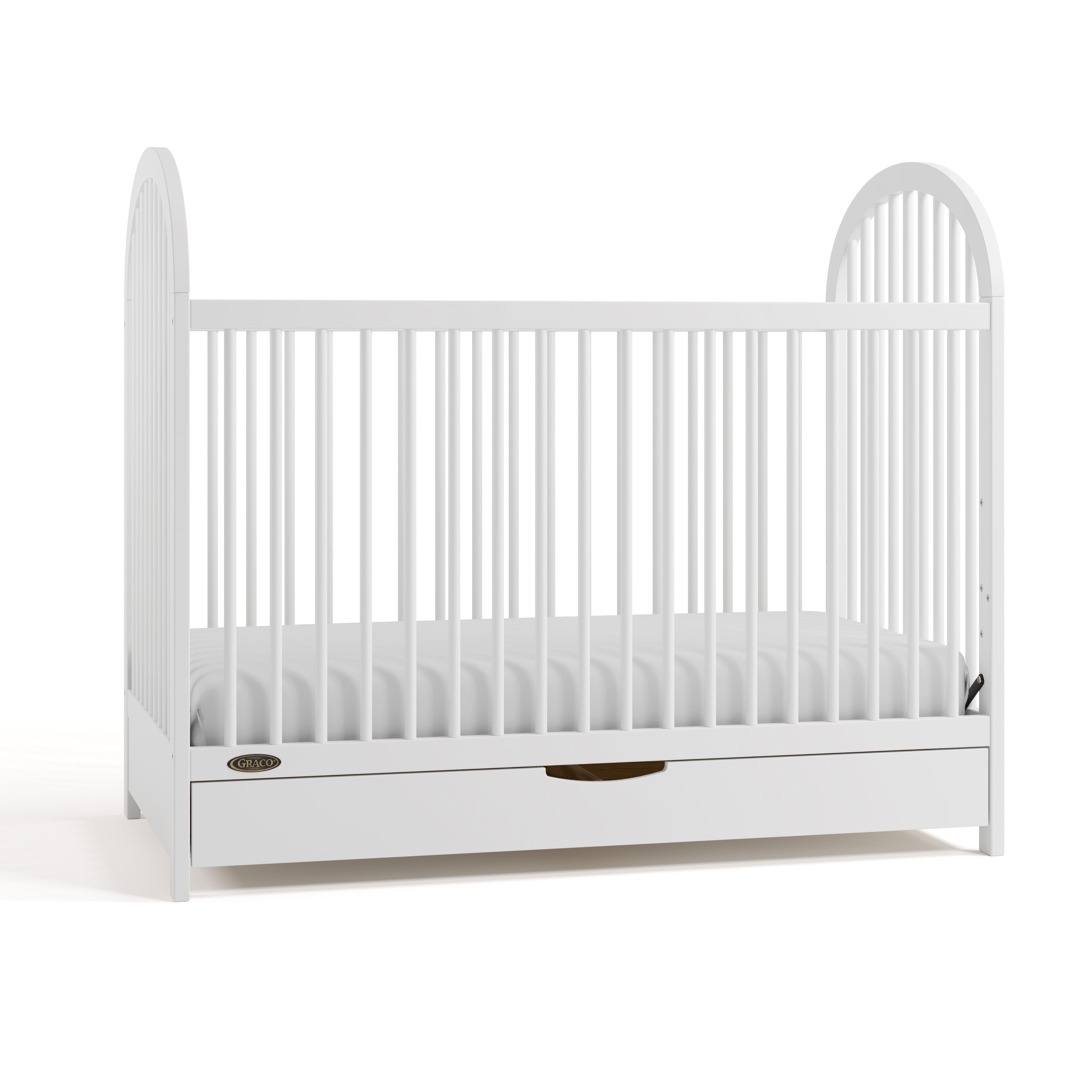 Olivia white crib with drawer angle view