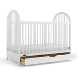 Olivia white crib with drawer open angle view