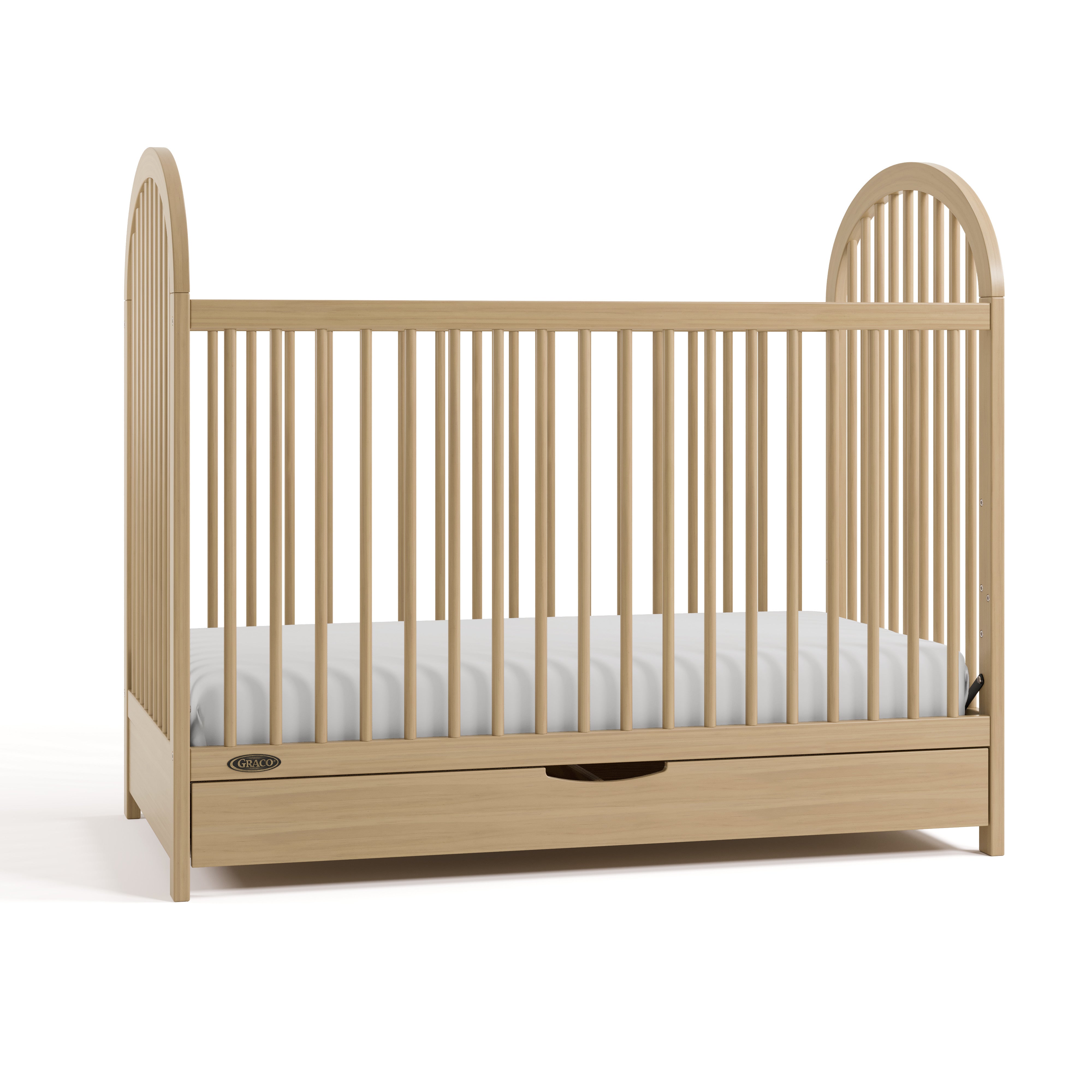Olivia driftwood crib with drawer angle view