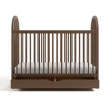 Olivia hazelnut crib with drawer open front view